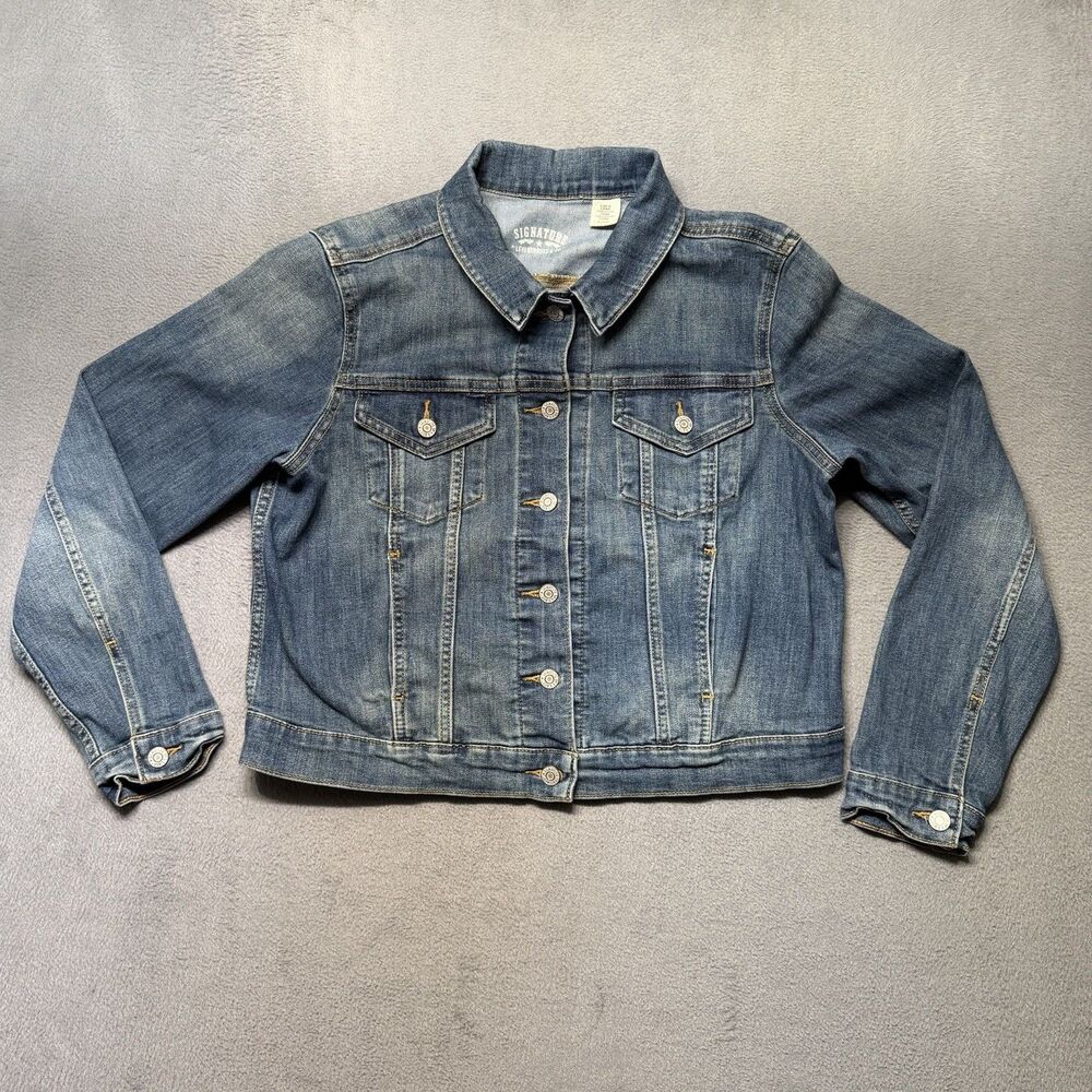 Signature Levi Strauss Women’s XL Blue Denim Trucker Jacket Stretch Button Front